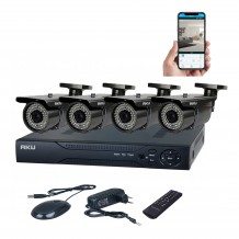 Kit supraveghere video AKU 4 camere SUPER CLEAR AHD varifocale 2.8 - 12mm + DVR 4 canale FULL HD 1080N H264, interior exterior carcase metalice cu infrarosu, iesire internet cu vizualizare pe telefon mobil tableta desktop